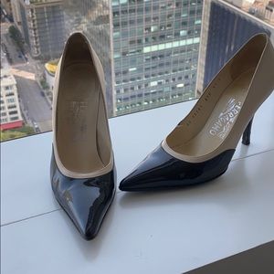 Black and creme leather Ferragamo pumps